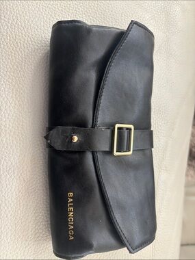 Balenciaga faux Black Leather Roll Pouch with Gold Buckle Accent